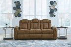 Brindle brown power reclining loveseat with padded back cushions and armrests