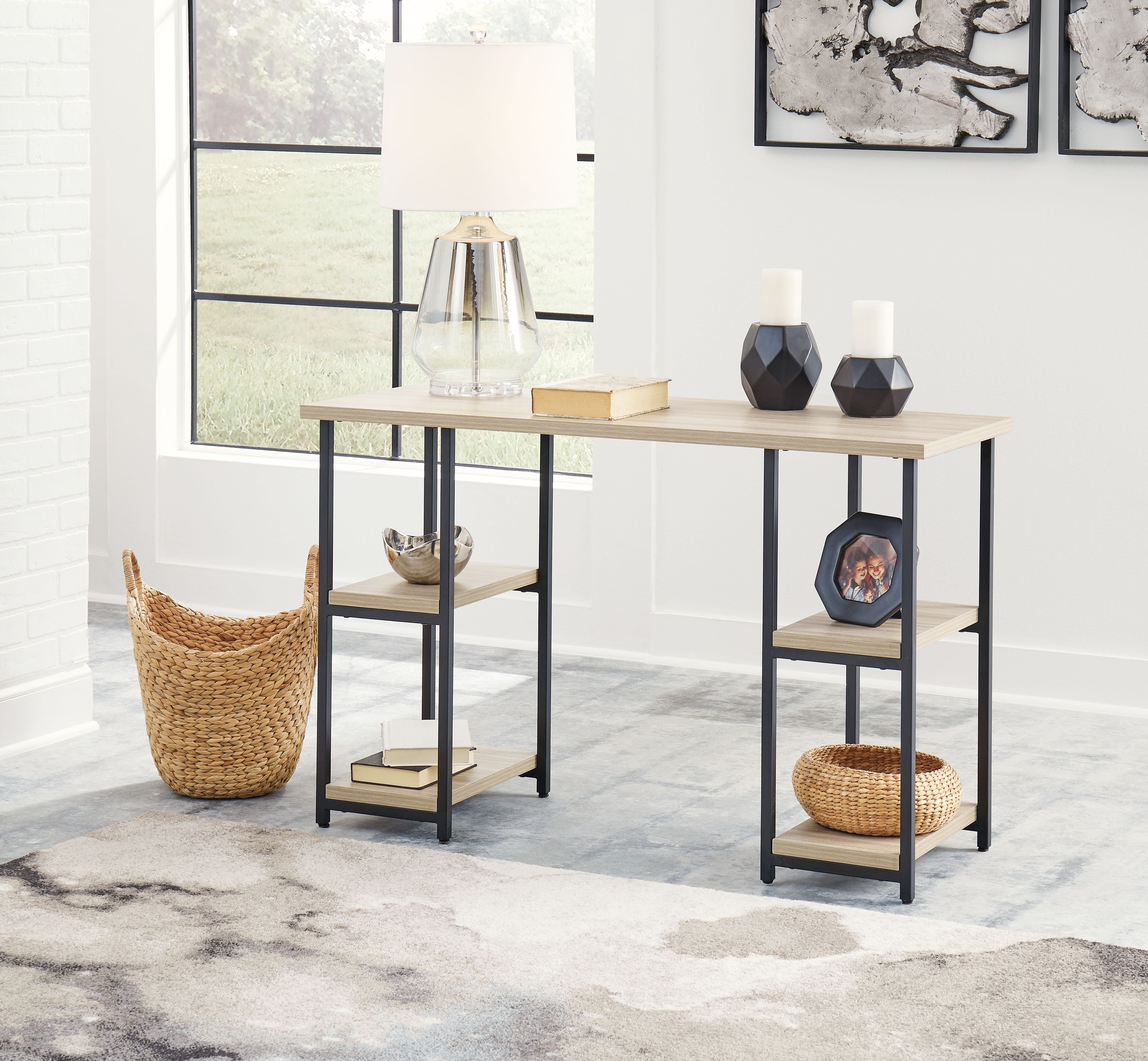 Waylowe - Natural / Black - Home Office Desk - Double-Shelf Pedestal