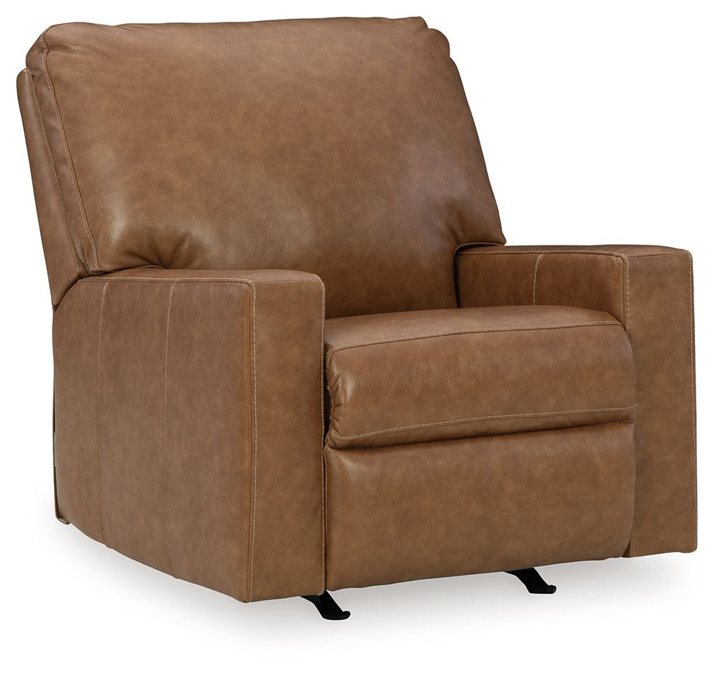 Caramel brown leather rocker recliner chair with padded arms and rounded back