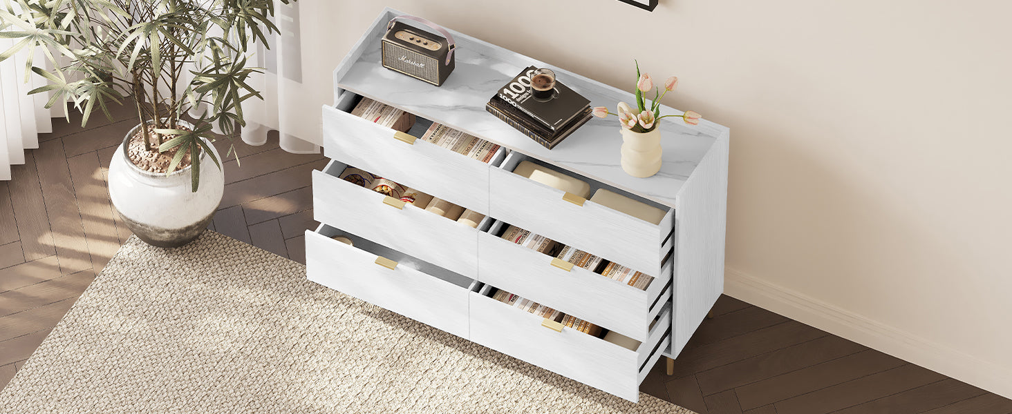 55" White Dresser with Marbling Top & Metal Legs