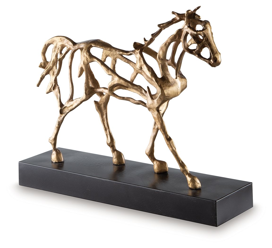 antique gold horse sculpture on dark rectangular base