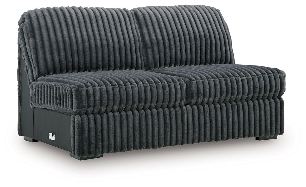 Armless loveseat, gunmetal dark gray ribbed upholstery with cushioned back and base