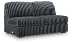 Armless loveseat, gunmetal dark gray ribbed upholstery with cushioned back and base