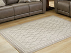 Gray area rug with trellis diamond pattern and border