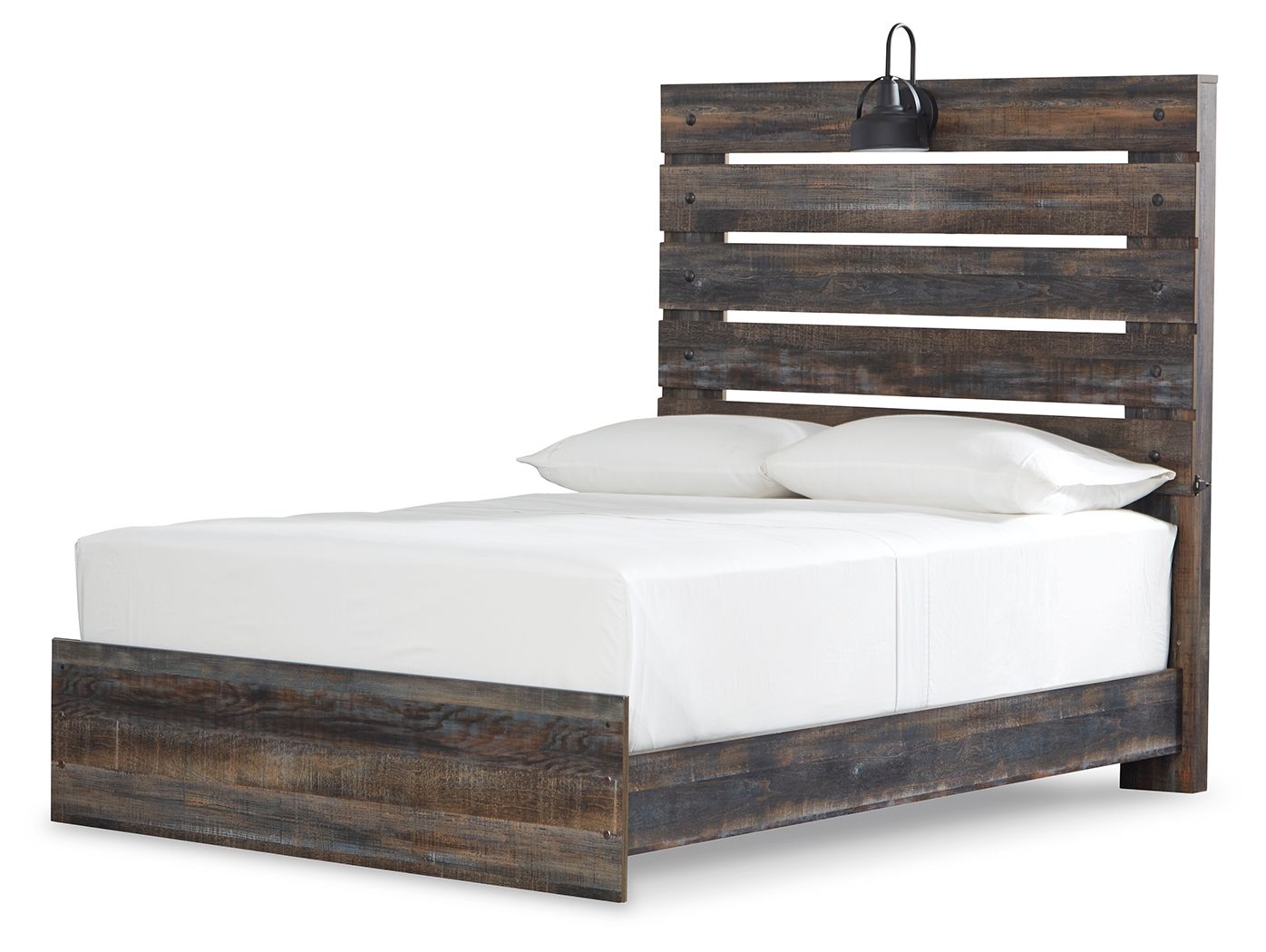 Panel bed with four side drawers, dark distressed wood, white mattress and two pillows