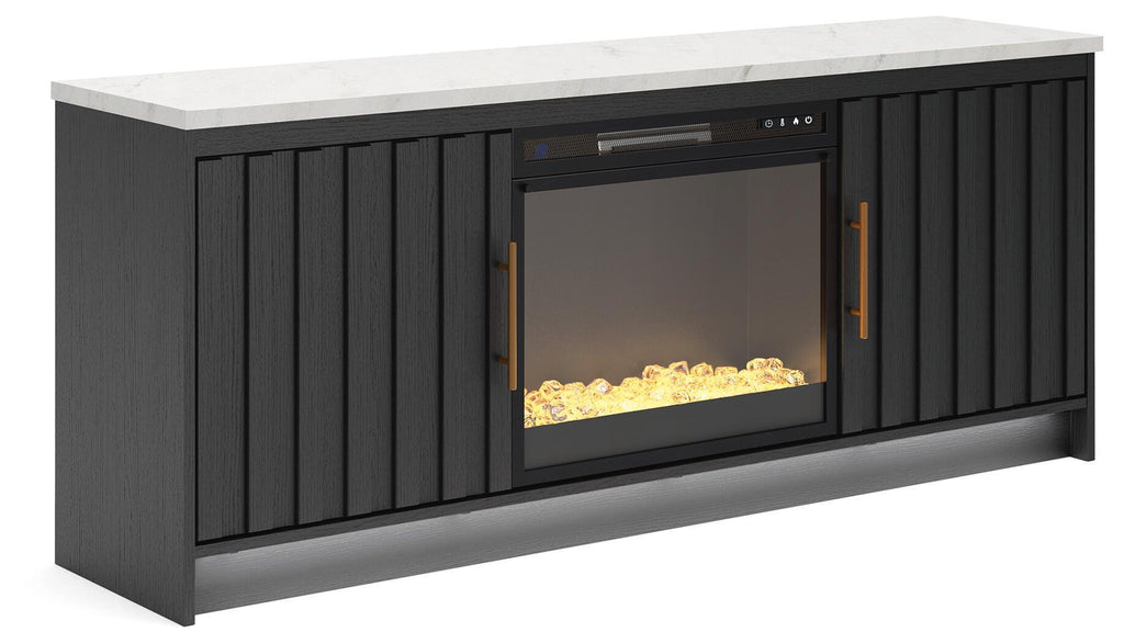 Black TV stand with faux firebrick fireplace insert, yellow flame effect behind glass