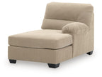 Sand fabric corner chaise with curved bolster, padded backrest and block feet