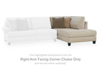 Right-arm facing corner chaise with beige fabric, dark feet, and accent throw pillows