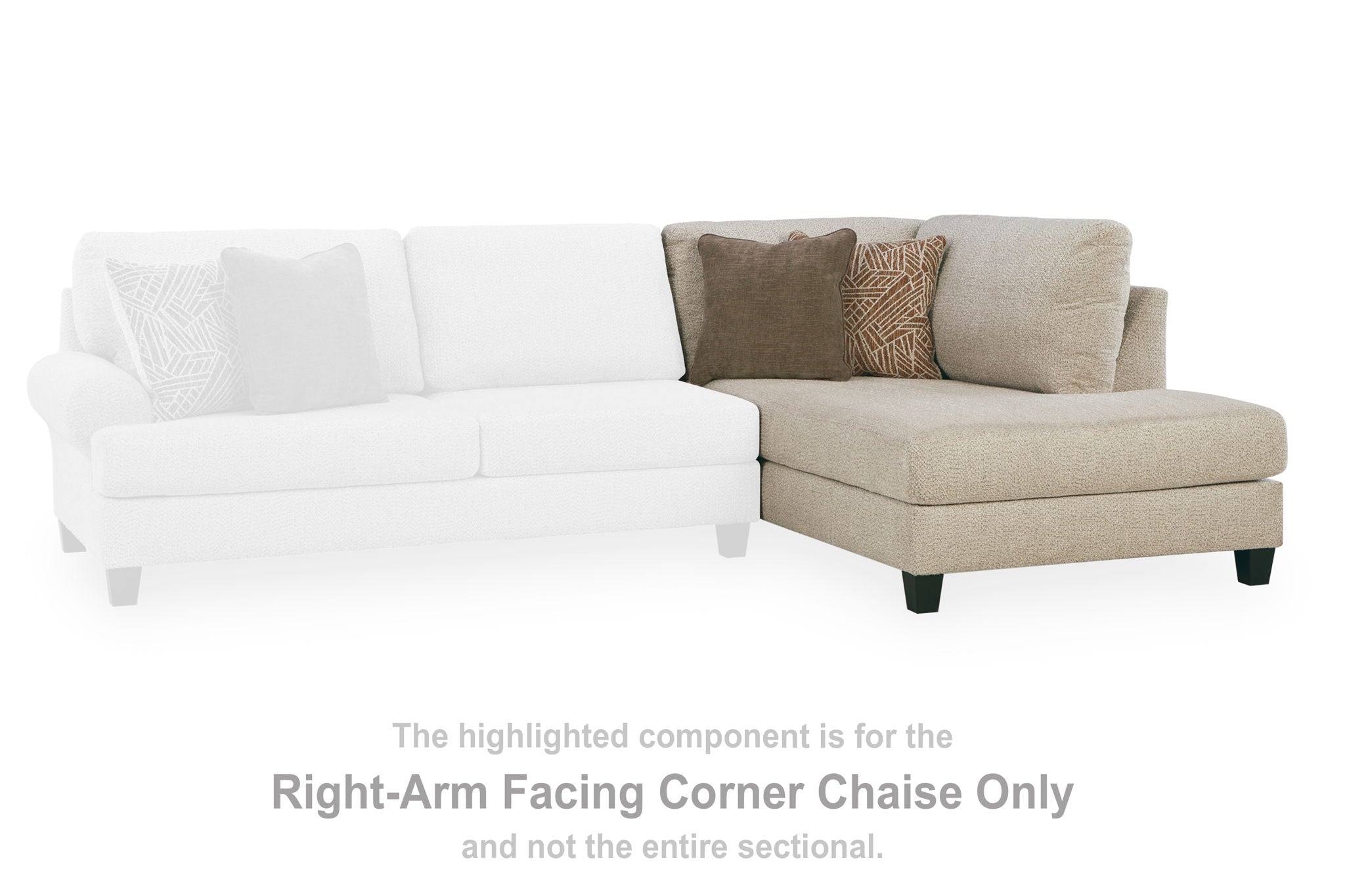 Right-arm facing corner chaise with beige fabric, dark feet, and accent throw pillows