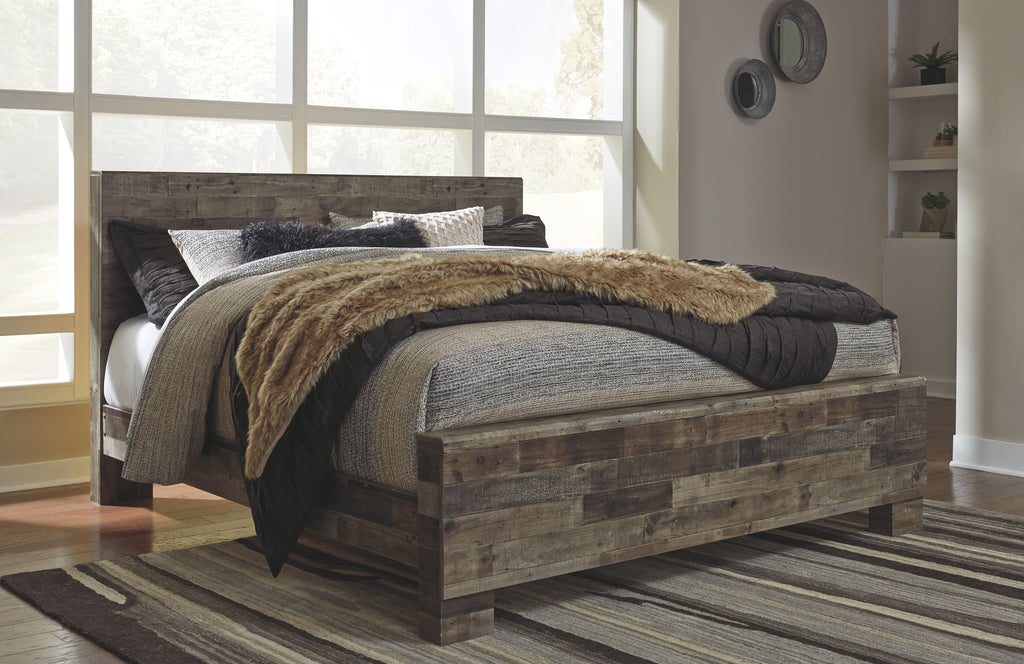 Panel bedroom bed frame with dark wood finish and curved headboard