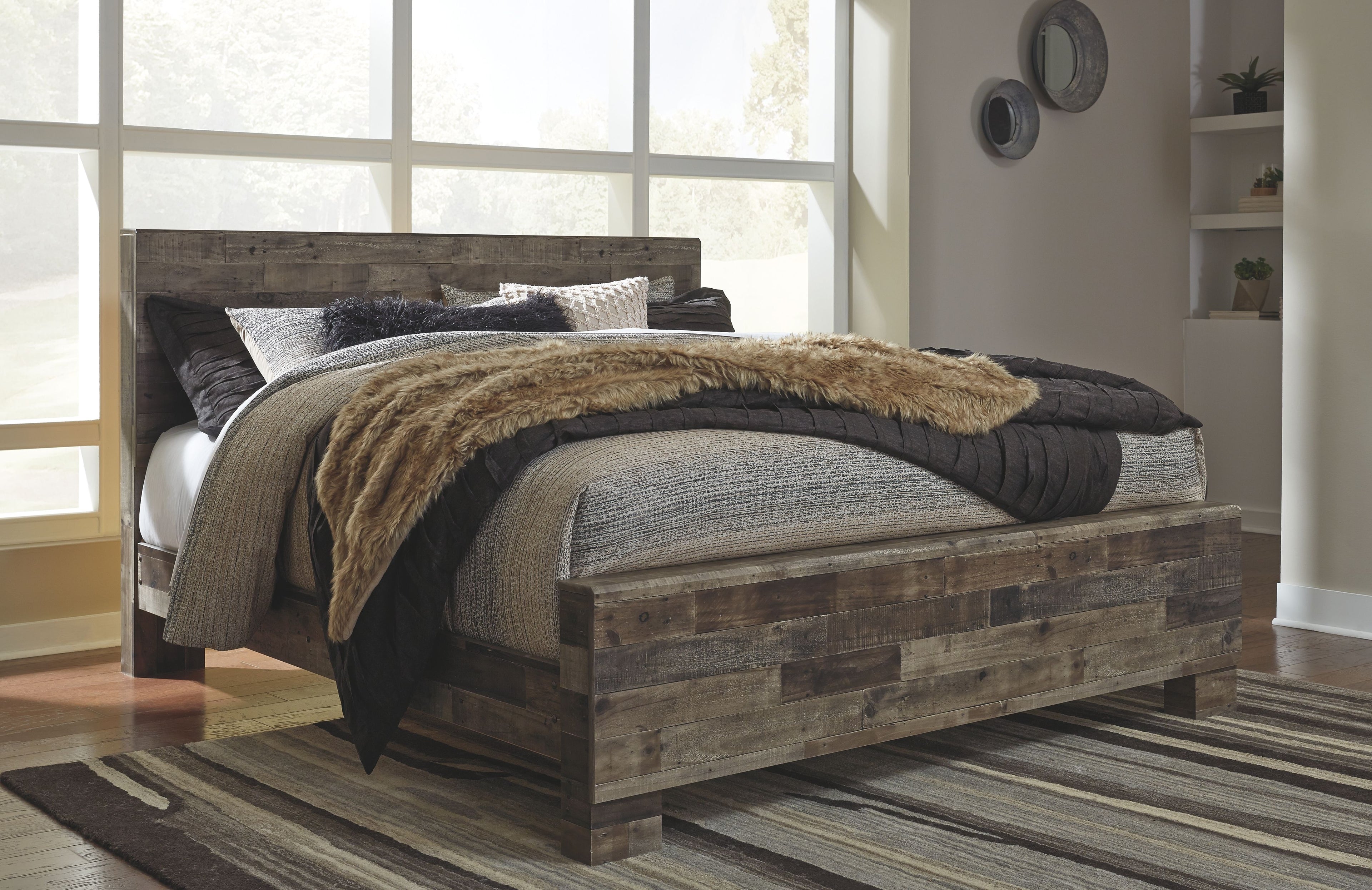 Panel bedroom bed frame with dark wood finish and curved headboard