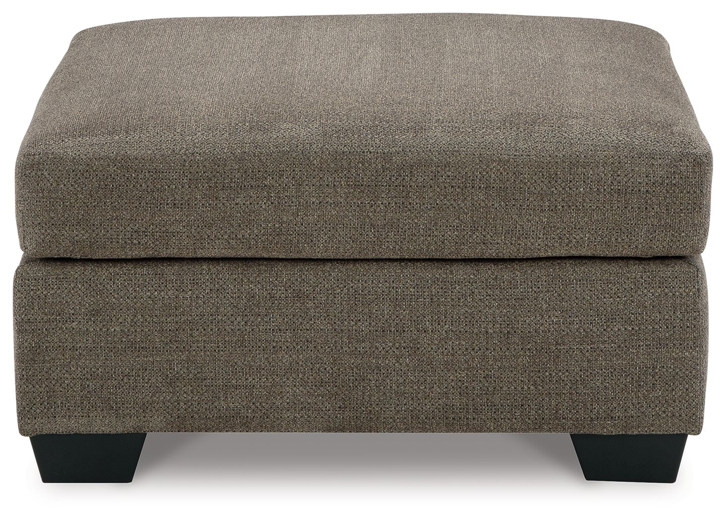 Oversized ottoman with dark brown fabric, thick cushioned top and squared black legs.