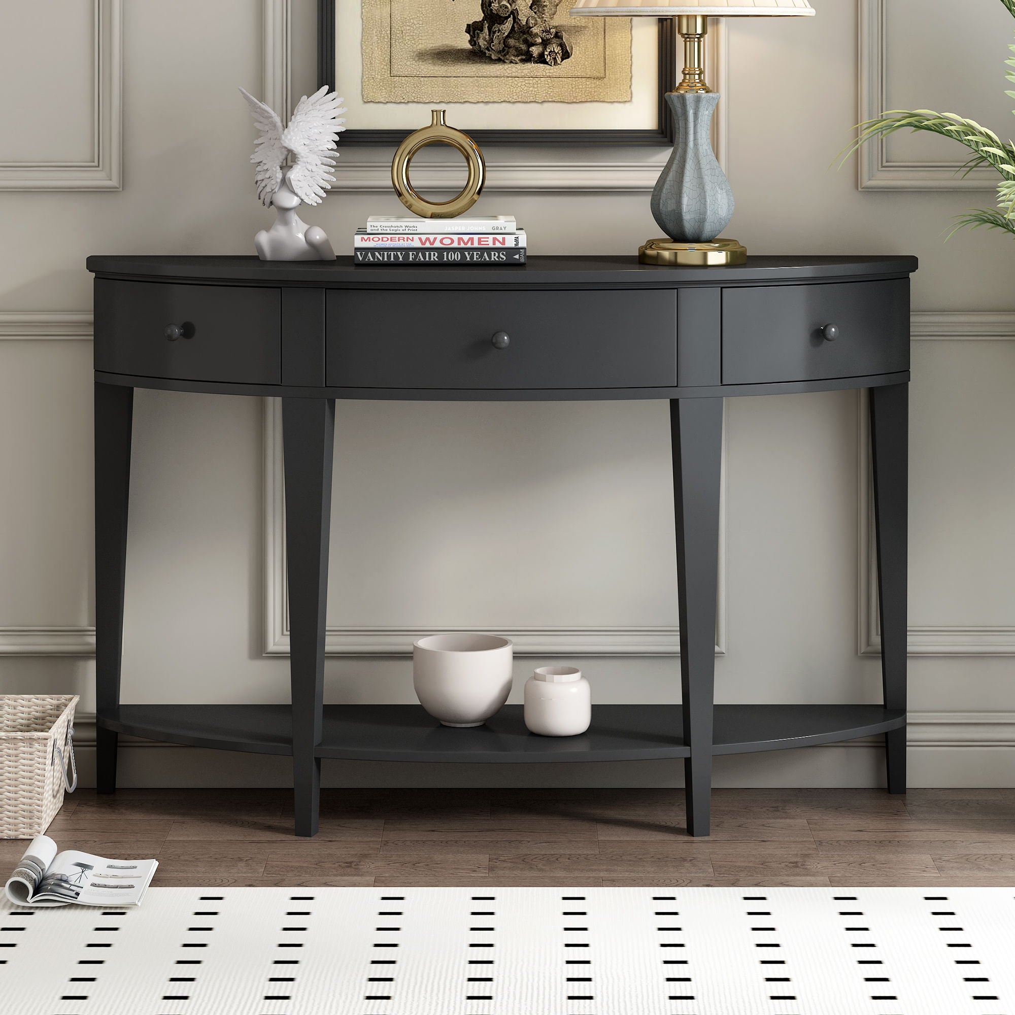 U-Style Modern Curved Console Table Sofa Table With 3 Drawers And 1 Shelf For Hallway, Entryway, Living Room - Black