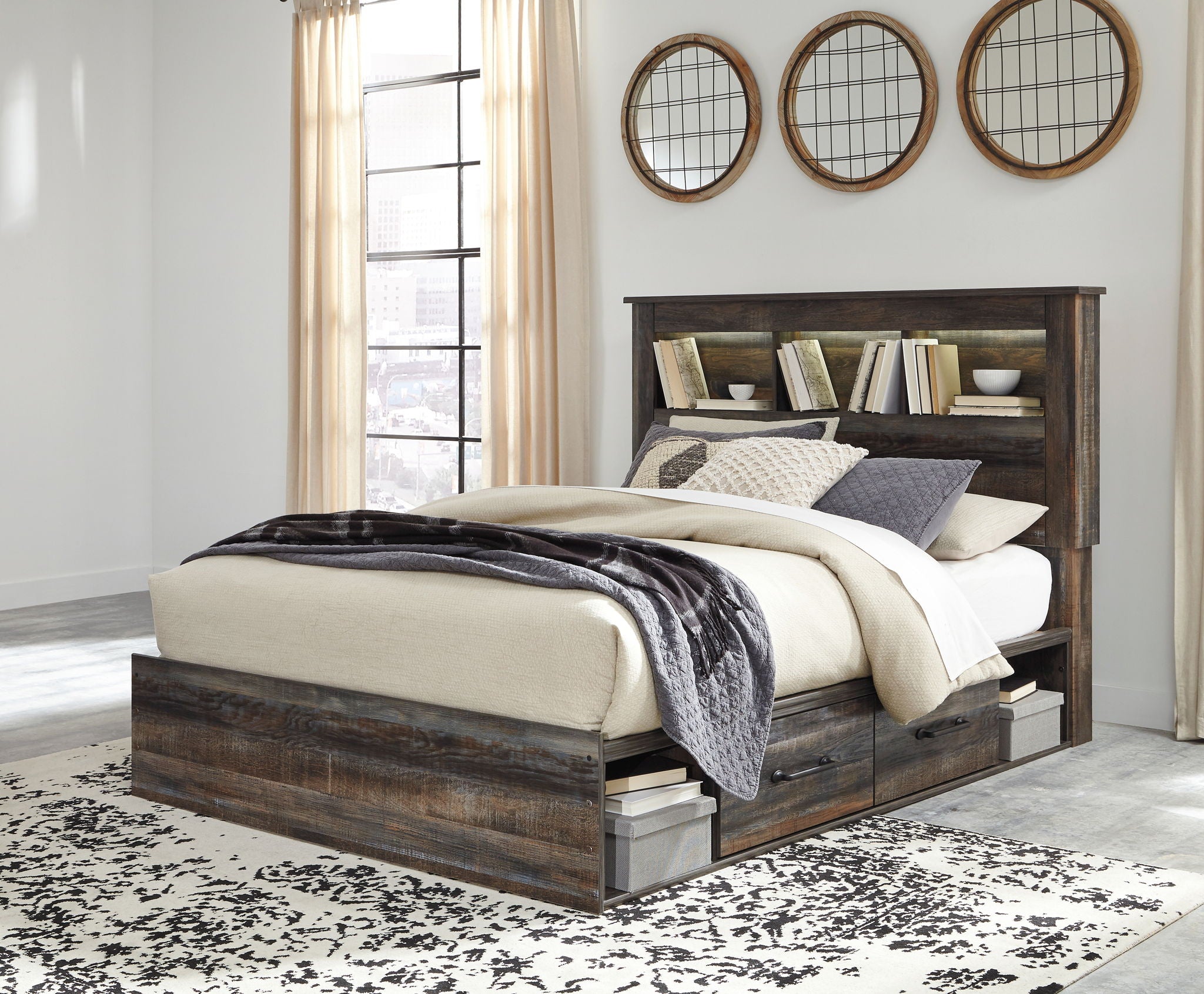 Panel bookcase bed with dark wood frame, white bedding, and side drawer storage