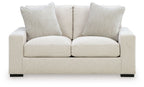 Cream linen loveseat with three back pillows and two seat cushions