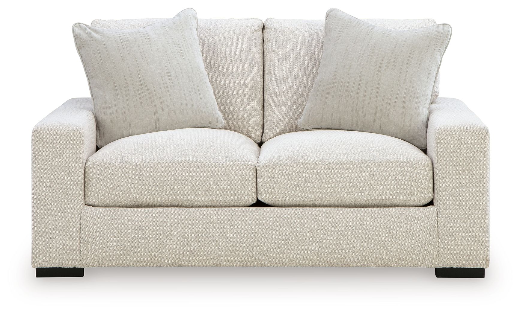 Cream linen loveseat with three back pillows and two seat cushions