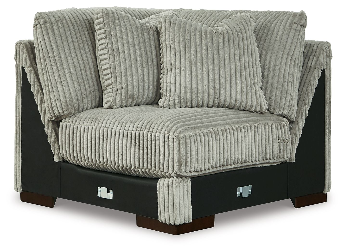 Light gray wedge sofa with ribbed fabric, rolled arms, and tufted back cushions