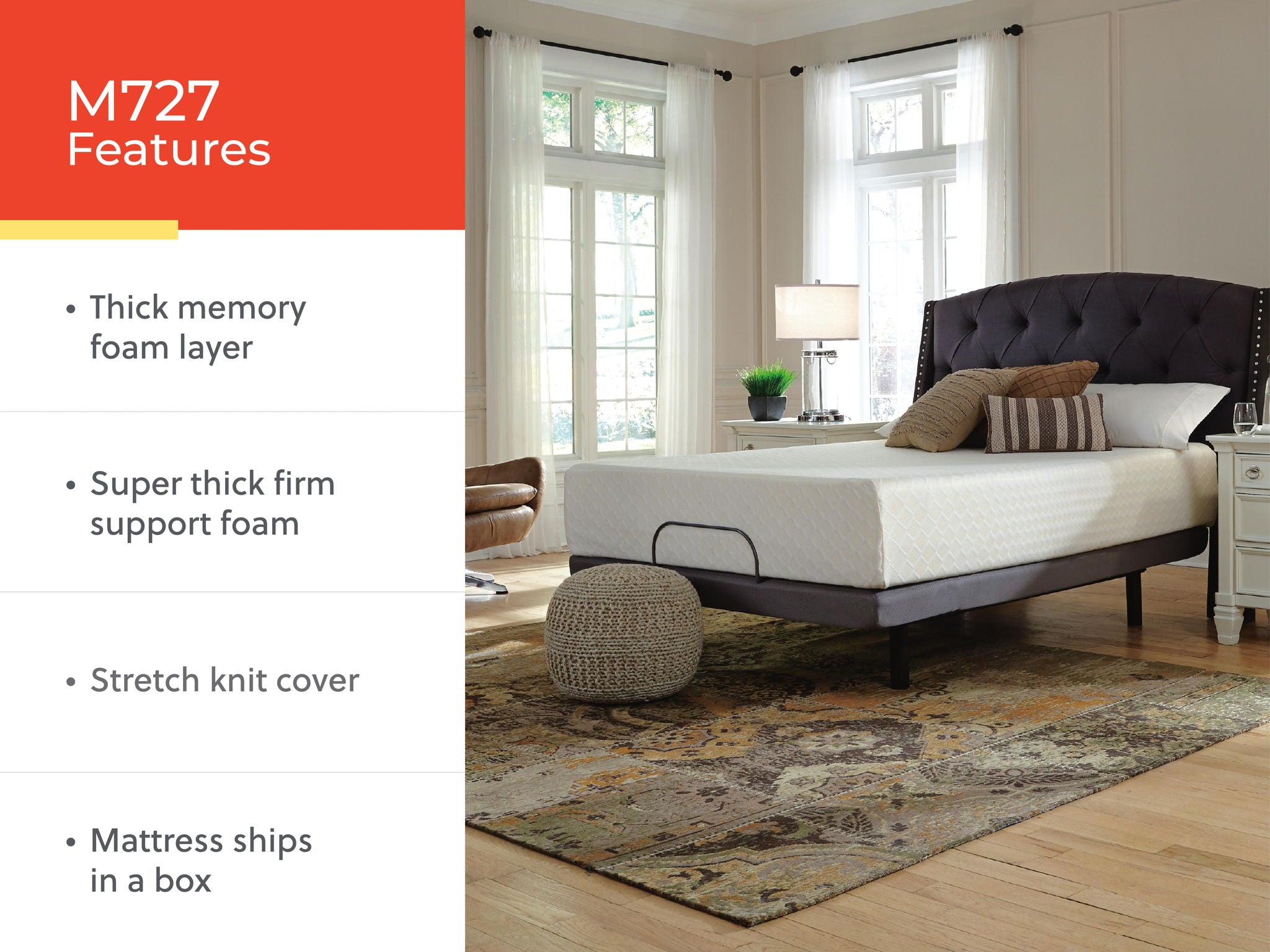 White memory foam mattress on bed with thick firm support and stretch knit cover