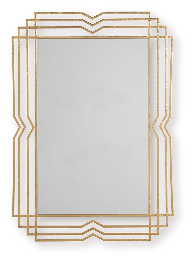 Gold accent mirror with layered geometric rectangular frame and clear glass panel