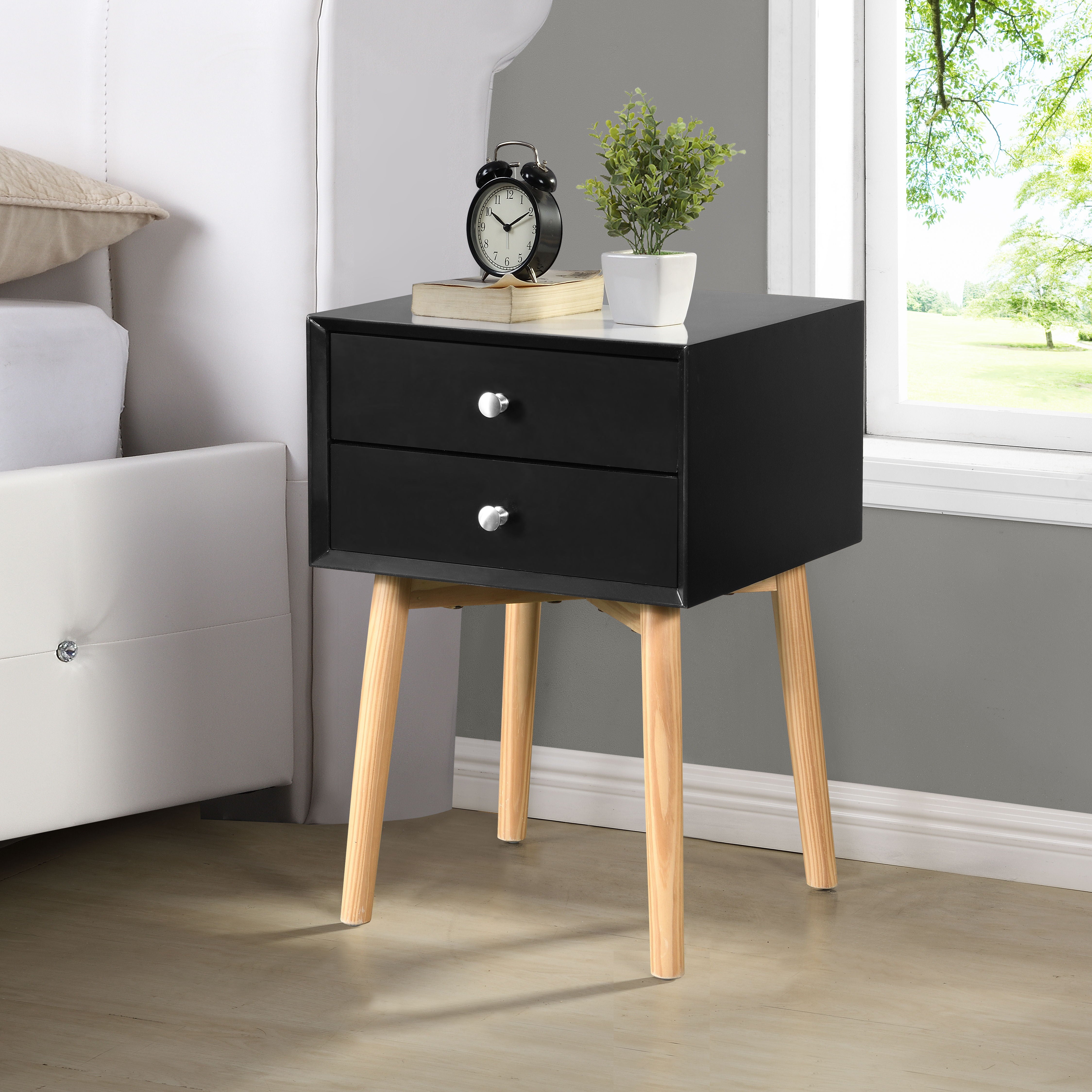 Zfztimber Side Table, Bedside Table With 2 Drawers And Rubber Wood Legs, Mid - Century Modern Storage Cabinet For Bedroom - Black