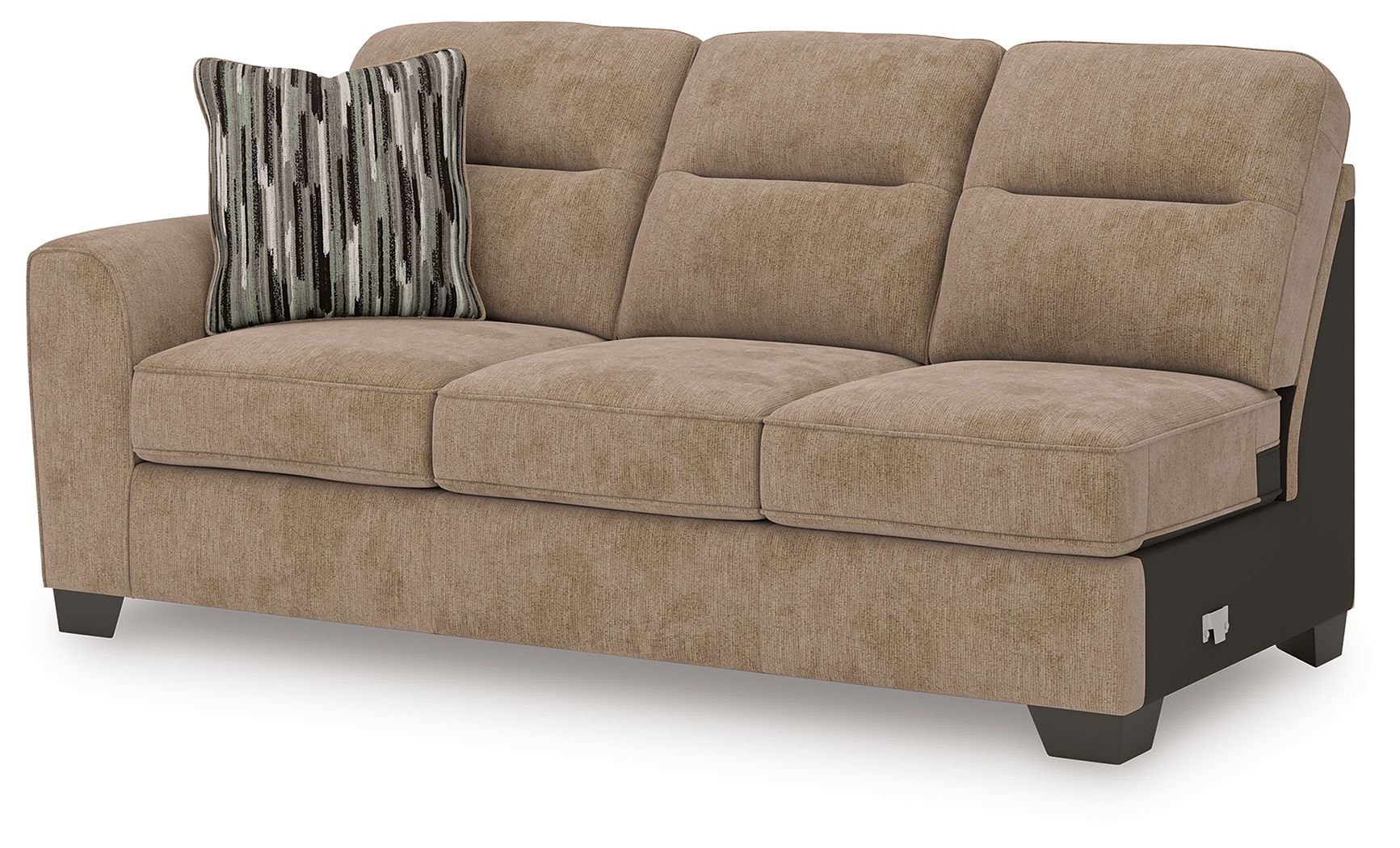 Mocha-toned upholstered sofa with tufted cushions, striped pillow, and dark legs