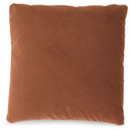 Light brown square throw pillow with textured fabric and stitched border