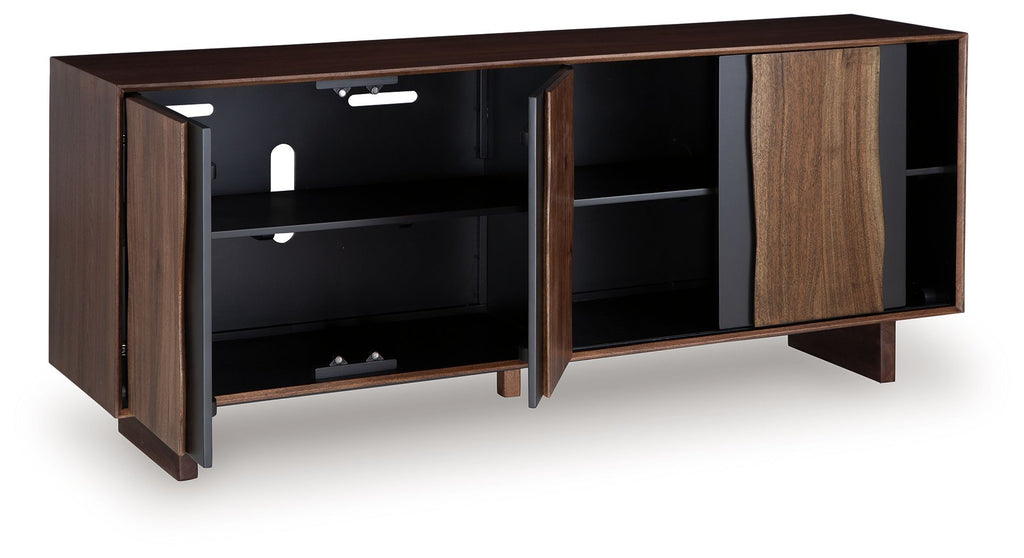 Brown and charcoal accent cabinet with open doors, shelves, and adjustable storage