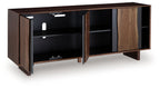 Brown and charcoal accent cabinet with open doors, shelves, and adjustable storage