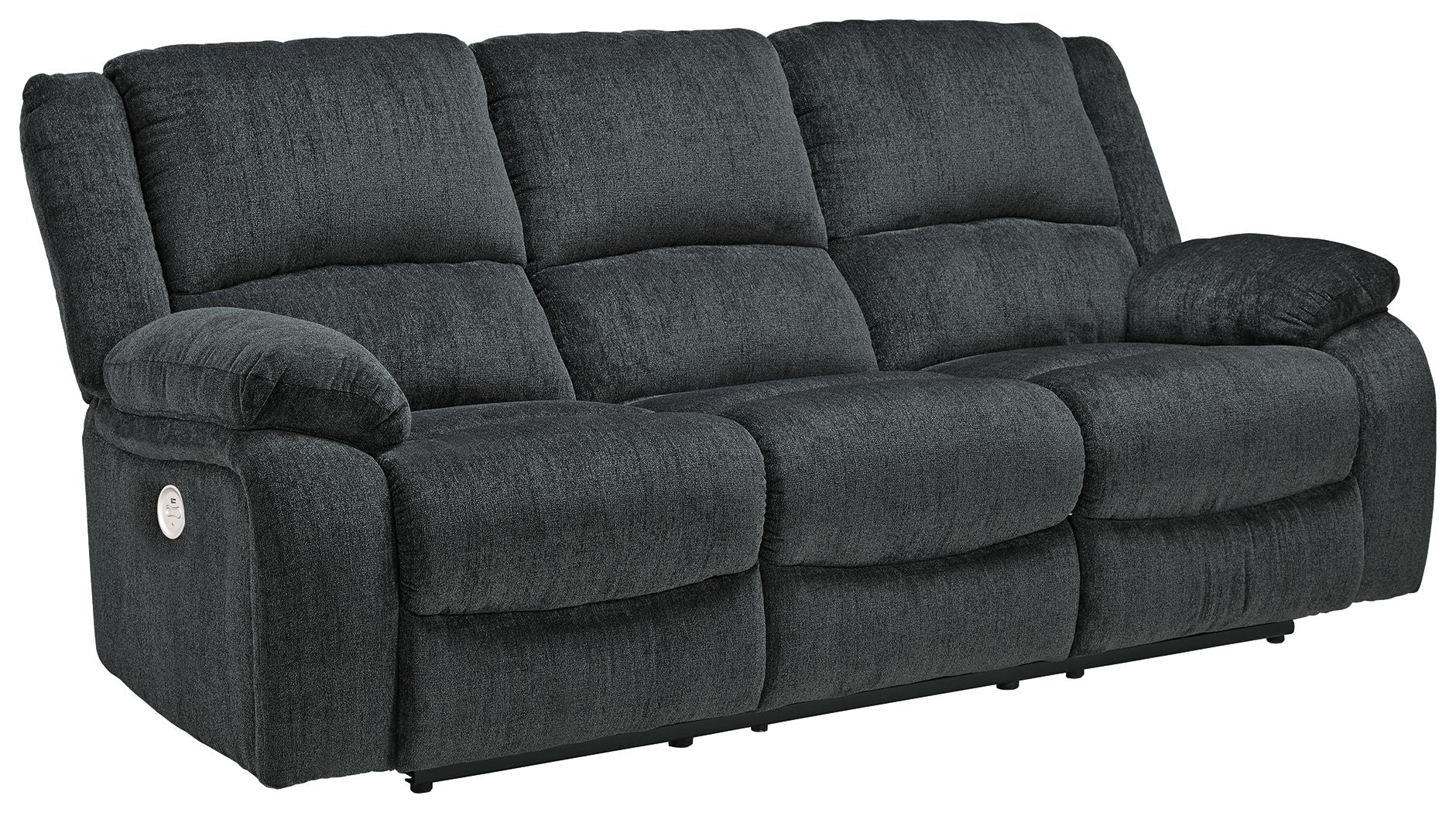 Draycoll reclining sofa in slate with tufted cushions, track arms, and reclining head support