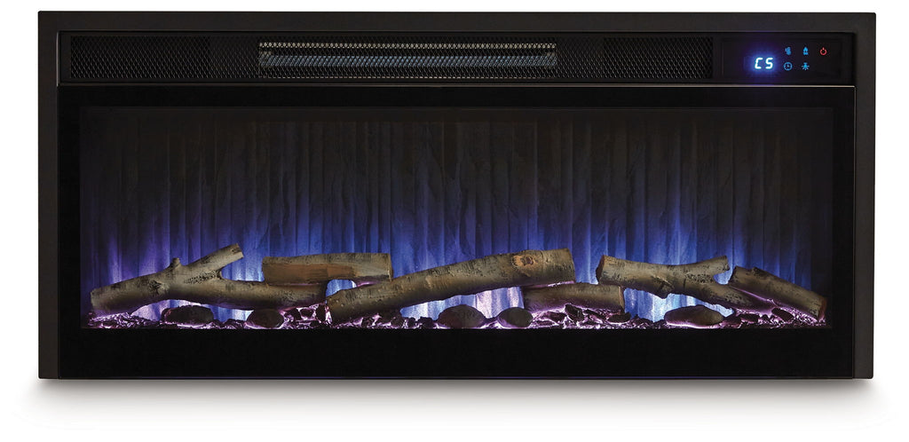 Black fireplace insert with faux birch logs, blue flame effect, and digital settings panel.