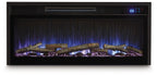 Black fireplace insert with faux birch logs, blue flame effect, and digital settings panel.