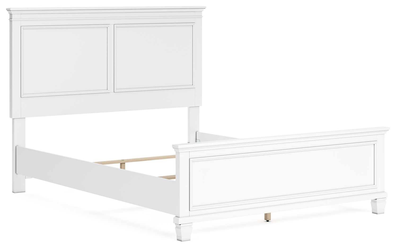 White panel bed with open storage compartment beneath the frame