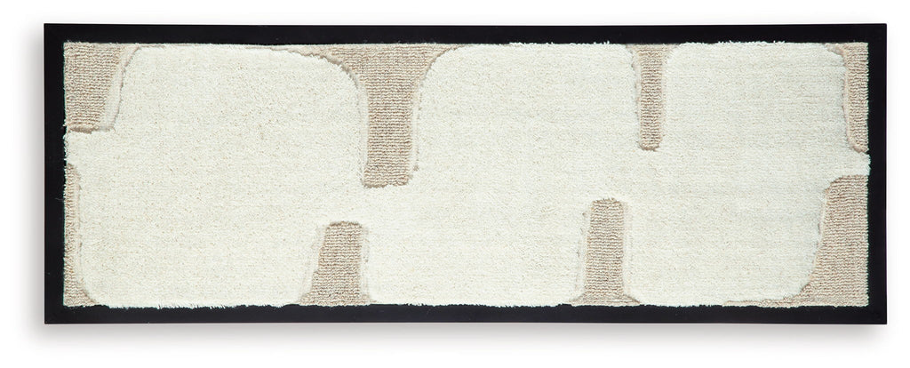 Horizontal framed wall art with off-white textured background and taupe blocks, black frame