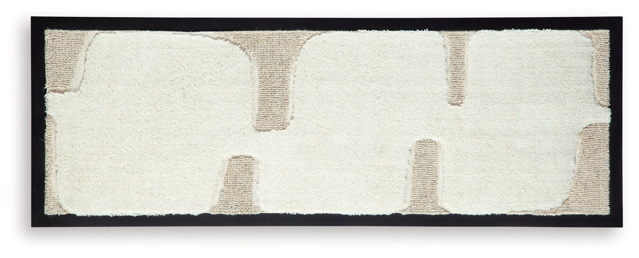 Horizontal framed wall art with off-white textured background and taupe blocks, black frame