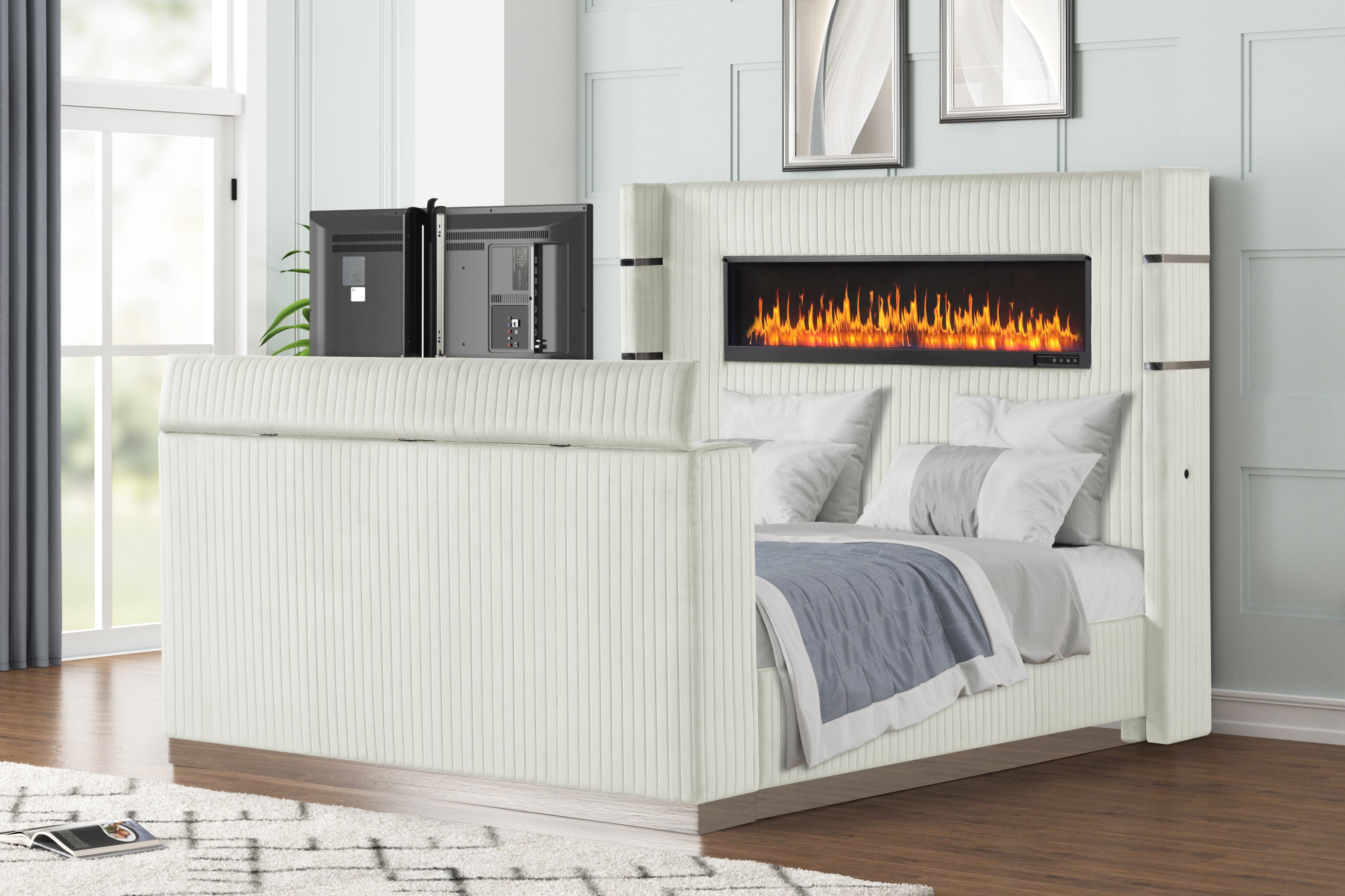 Modern Queen Bed: Fireplace Headboard, TV Footboard, Beige Wood (CA)
