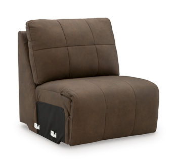 Russet armless upholstered chair with padded backrest and seat, square profile, side handles