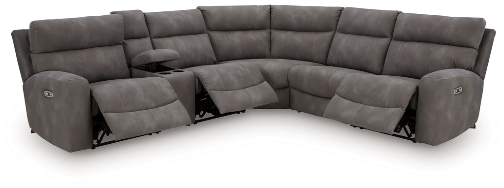 Dark gray power reclining sectional sofa with corner chaise and extended footrest sections
