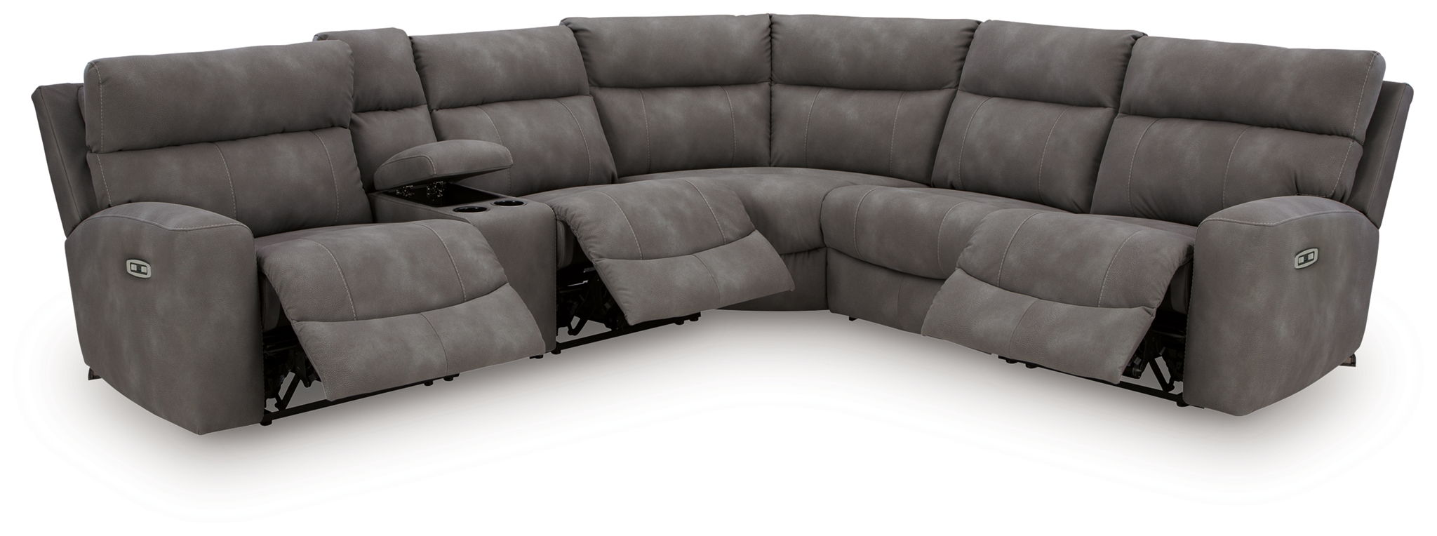 Dark gray power reclining sectional sofa with corner chaise and extended footrest sections