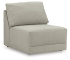 Gray armless chair with wide seat and vertical seam details on base