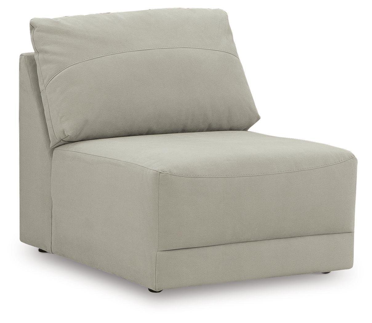 Gray armless chair with wide seat and vertical seam details on base