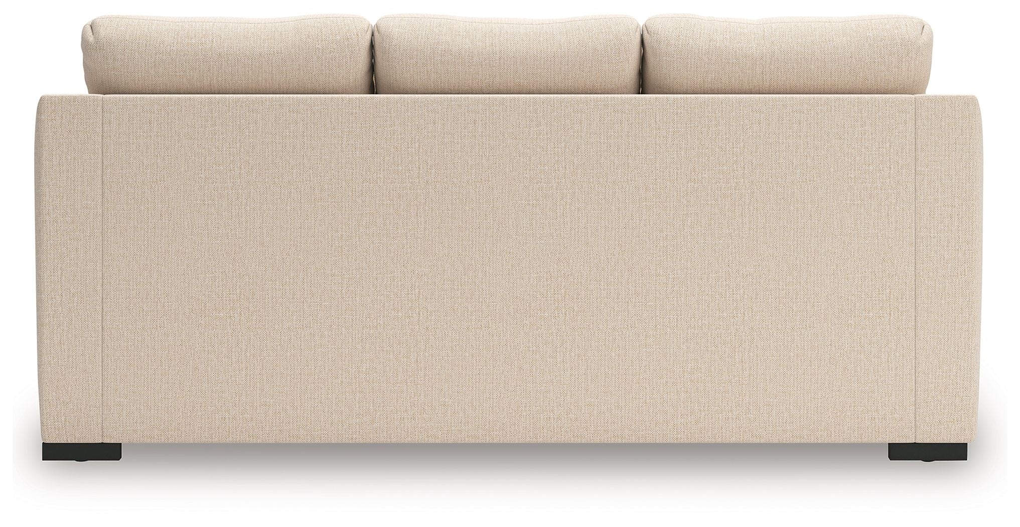 Light beige sofa chaise back view with smooth upholstery and squared armrests.