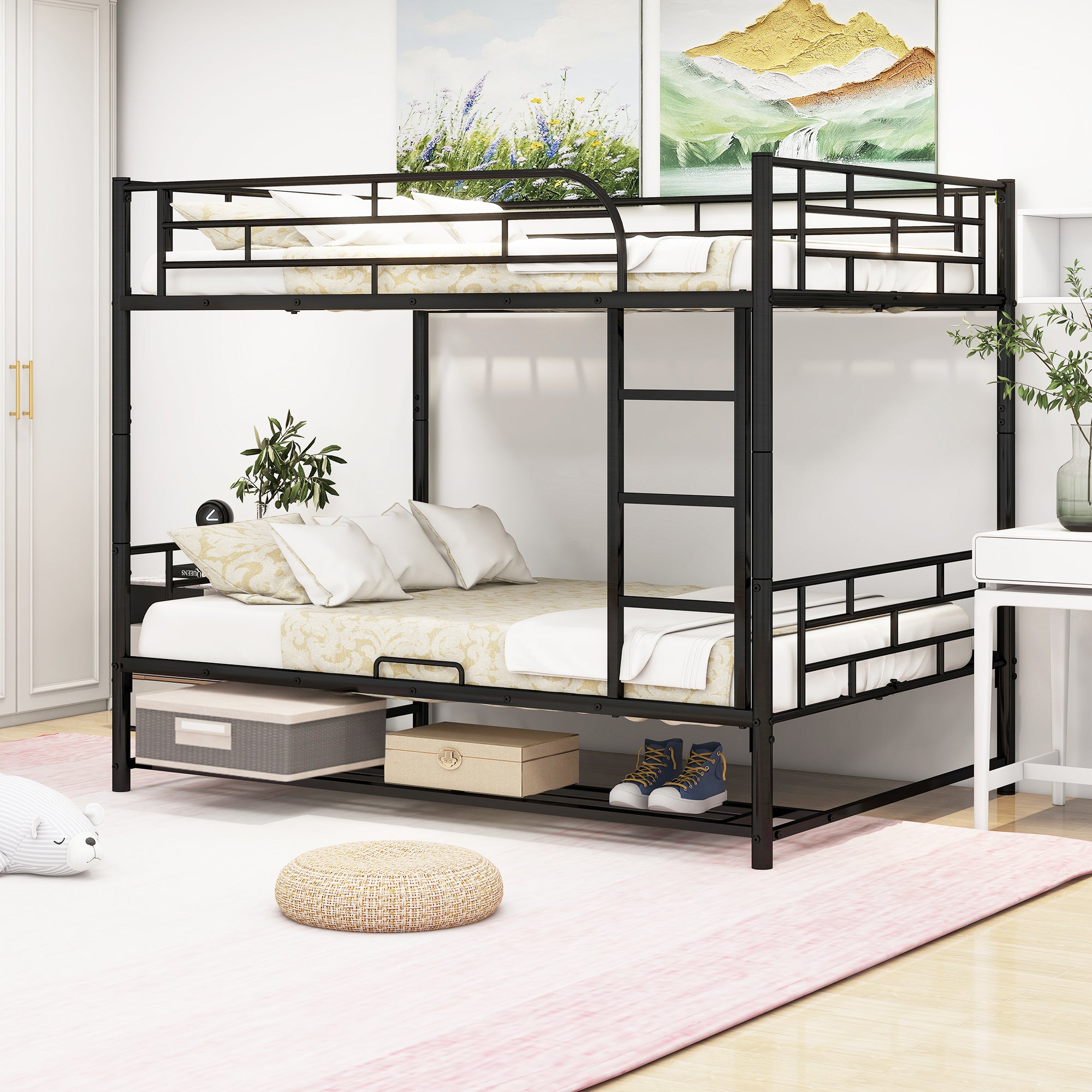 Black Full Over Full Metal Bunk Bed w/ Shelf & Guardrails