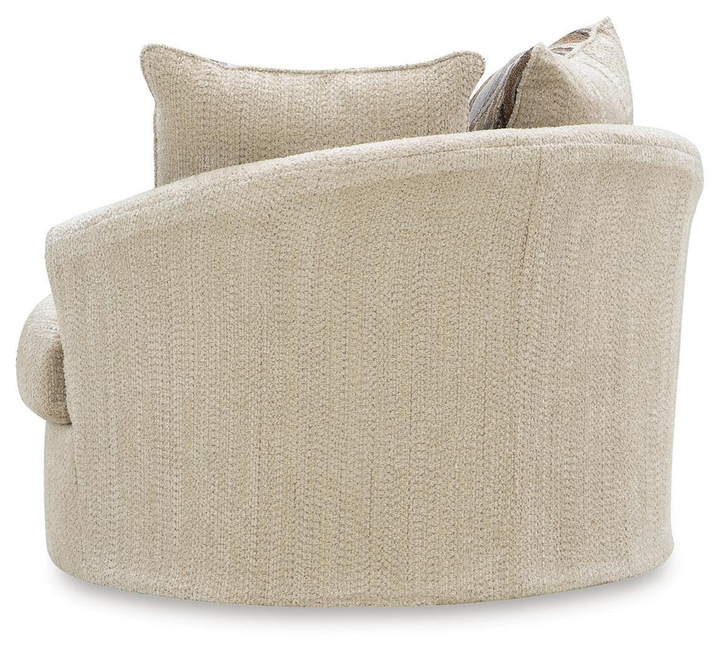 Beige swivel chair side view with upholstered arms and back cushions