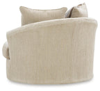Beige swivel chair side view with upholstered arms and back cushions