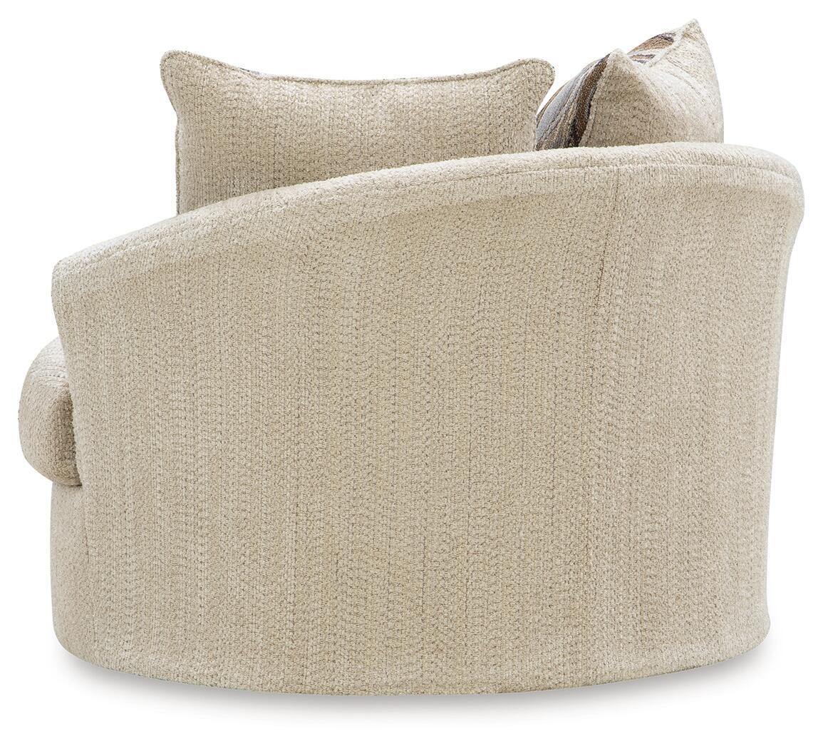 Beige swivel chair side view with upholstered arms and back cushions