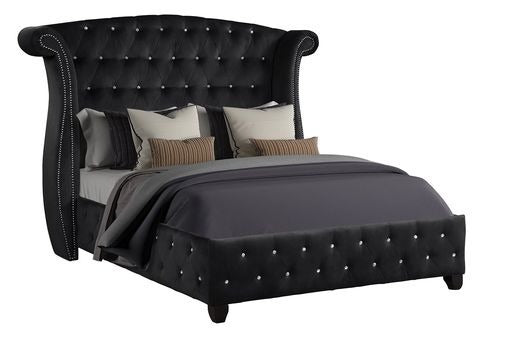 SOPHIA Crystal Tufted Full Bed - Black Wood Frame, Elegant Design Style