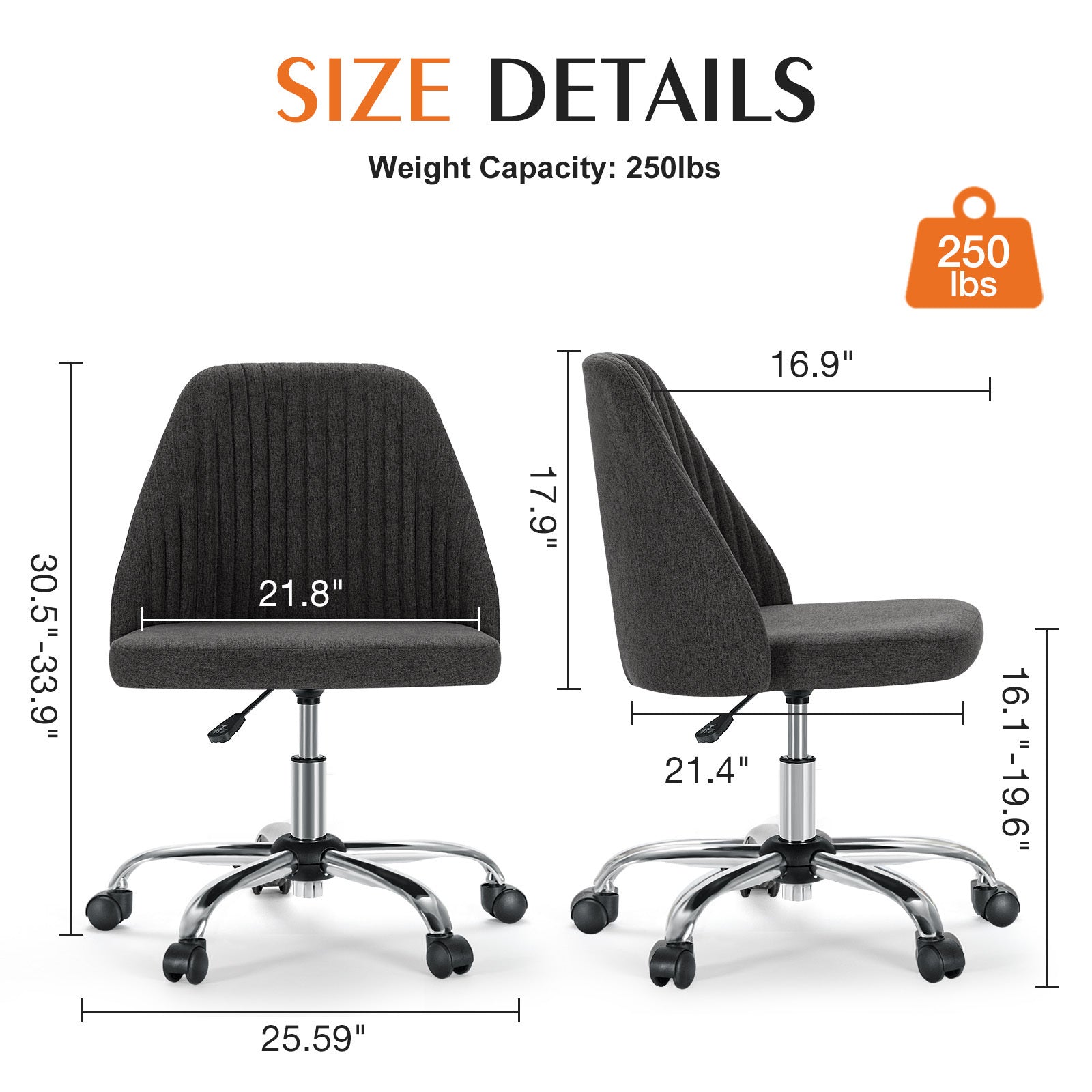 Armless Office Desk Chair - Adjustable Swivel Task Chair