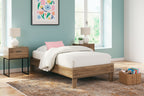 Light brown platform bed with white mattress and rounded headboard