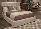 Oatmeal upholstered queen headboard and bed frame with padded posts
