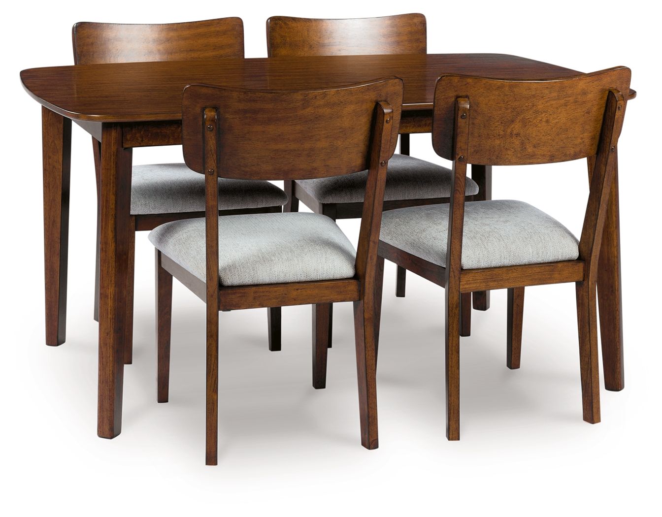 Brown dining table with four matching upholstered chairs